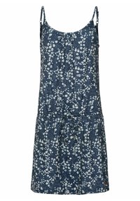 Granatowa sukienka w kwiaty z cienkimi ramiączkami, marszczonym dekoltem i ściąganym pasem w talii. Posiada wzór z białymi kwiatami i luźny krój.