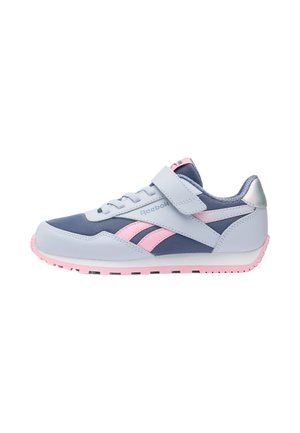Scarpa da ginnastica Reebok per bambini in blu navy e grigio chiaro con dettagli rosa, con lacci e striscia in velcro per una calzata sicura.