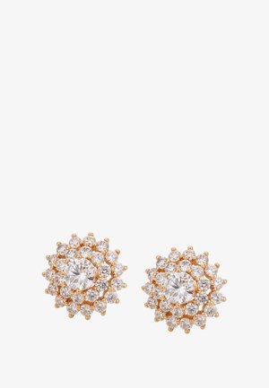 Goldene Steckerohrringe mit einem zentralen runden Diamanten, umgeben von zwei Reihen kleiner runder Diamanten in einem blütenähnlichen Clusterdesign.