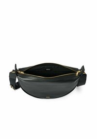 Borsa a tracolla nera in pelle con una texture liscia, dettagli in zip dorati e una forma curva. Dotata di una tracolla regolabile e di un interno con branding.