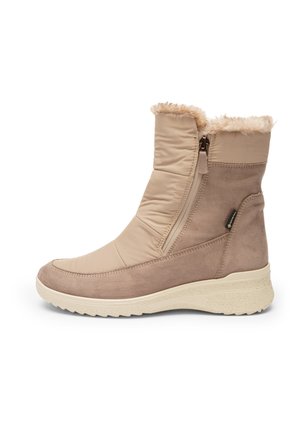 Beiger Winterstiefel bis zur Mitte der Wade mit seitlichem Reißverschluss, Kunstfellbesatz, gepolstertem Schaft, Wildlederunterteil und profilierter Gummisohle für besseren Halt.
