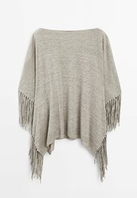 Hellgrauer Poncho mit Fransenverzierung am Saum, aus weichem Strickmaterial, mit weitem Ausschnitt und lockerer Passform.