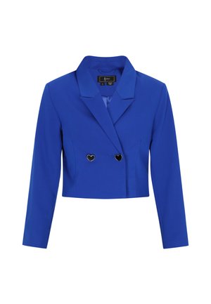 Blazer blu accorciato realizzato in tessuto morbido, con colletto a punta e doppi bottoni a forma di cuore frontali. Include maniche lunghe.