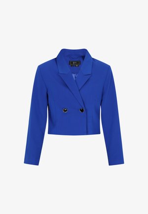 Kürzerer blauer Blazer aus glattem Stoff, mit einem Reverskragen und zwei herzförmigen Knöpfen auf der Vorderseite. Mit langen Ärmeln.