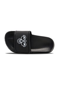 Black slide sandal featuring a textured rubber upper, wide strap with a graphic logo, and a smooth, contoured sole for comfort.