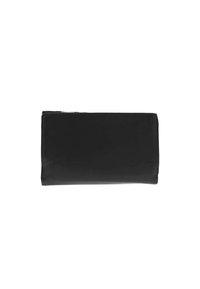 Portefeuille en cuir noir avec une texture lisse, de forme rectangulaire et une fermeture éclair. Présente un design minimaliste sans accents matériels visibles.