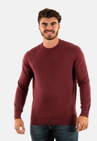Maglione lavorato a maglia color bordeaux con scollatura a girocollo e maniche lunghe, dotato di polsini e orlo a coste, con un piccolo logo sul petto.