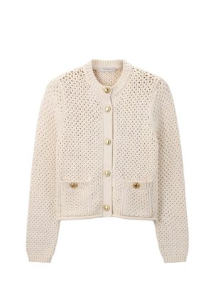 Knitted cardigan in light beige with a round neck, gold button closures, two front pockets, and a textured, open-weave design.