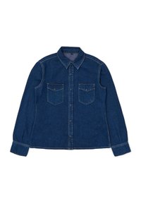 Denimhemd, dunkelblau, mit langen Ärmeln, zwei Brusttaschen, durchgehender Knopfverschluss und klassischem Kragen mit markanten Stichdetails.