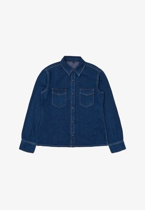 Denimskjorta, mörkblå, långärmad, med två bröstfickor, knappstängning framtill och en klassisk krage med distinkta sömmar.