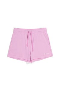 Růžové sportovní kraťasy vyrobené z měkké tkaniny, s elastickým pasem a stahovací šňůrkou, a s dvěma bočními kapsami. Logo na dolním levém rohu.