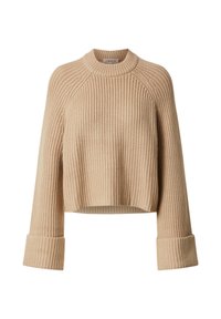 Suéter corto beige hecho de tela de punto acanalada, que presenta un escote redondo y puños anchos doblados. Superficie texturizada con patrones sutiles.