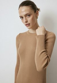 Ribiga pikka varrukaga sviiter heledas beežis, ümmarguse kaelusega ja vormitud disainiga. Pehme tekstuur ja peen venitus on selgelt nähtavad.