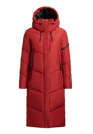 Punane puff jacket kapuutsiga, koos kätetöötlemise sektsioonidega, kahe esiosa tõmblukkudega tasku ja külgtasku tõmblukuga. Läikivad mustad aktsendid.