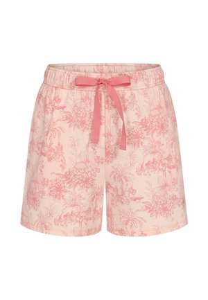Jasnoróżowe damskie szorty z ciemniejszym różowym wzorem kwiatowym i pasującą różową kokardką z troczkiem na elastycznym pasie.