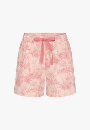 Jasnoróżowe damskie szorty z ciemniejszym różowym wzorem kwiatowym i pasującą różową kokardką z troczkiem na elastycznym pasie.