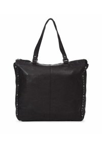 Zwarte leren tote bag met studaccenten, rechthoekige vorm, dubbele handvatten en ritsluiting. Soepele textuur met een klassiek ontwerp.