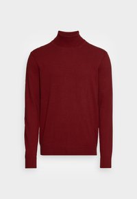 Maglione a collo alto color bordeaux realizzato in morbido tessuto knit. Presenta maniche lunghe e polsini a costine, con una silhouette aderente e un collo alto.
