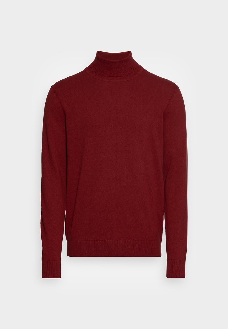 Maglione a collo alto color bordeaux realizzato in morbido tessuto knit. Presenta maniche lunghe e polsini a costine, con una silhouette aderente e un collo alto.