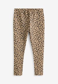 Leopardmönstrade leggings i beige tyg med svarta och rostfärgade fläckar, med elastisk midja och figurnära design.