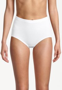 White high-waisted brief made of cotton fabric. Smooth texture with a simple design, featuring a wide waistband and no visible seams.