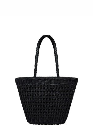 Bolso tote tejido negro con dos asas trenzadas, tamaño mediano, apertura superior, diseño simple y funcional.
