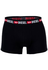 Schwarze Herren-Boxershorts mit einem breiten elastischen Bund, der das rote und weiße "DIESEL"-Logo trägt, sowie einer körpernahen Passform für optimalen Komfort.
