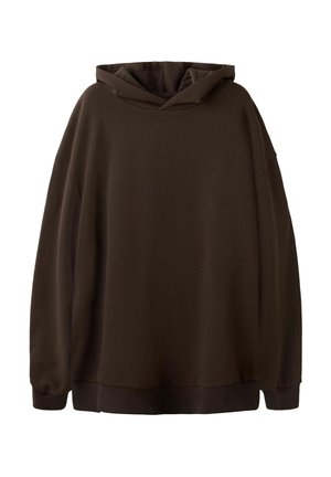 Sweat à capuche brun foncé uni avec manches longues et poignets et bas en côtes, présenté de face sur fond blanc.