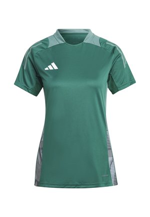 Grünes Sportshirt aus glattem Stoff, mit Rundhalsausschnitt, kurzen Ärmeln und grauen Akzenten an Schultern und Seiten.