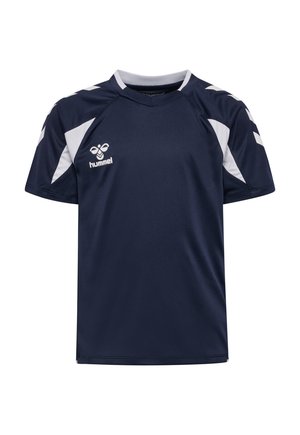Donkerblauw sportshirt met witte accenten op schouders en mouwen, wit hummel-logo op de linkerborst, korte mouwen, ronde hals.