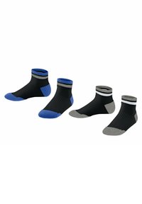 Schwarze Sport-Socken mit blauen und grauen Akzenten, mit geripptem Textur, verstärktem Zehenbereich und knöchellangem Design. Set aus vier Paaren.