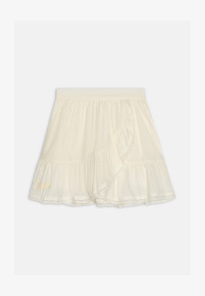 Kremfarget volangskjørt med blonderkant, med omslagsdesign og elastisk midje. Brodert detalj i nederste venstre hjørne.