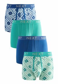 Quatre paires de boxers de la marque NEXT dans diverses couleurs : bleu, turquoise et verts à motifs. Comprend des ceintures élastiques avec logo.