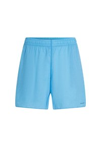 Light blue swim shorts with an elastic waistband, made from a textured fabric, featuring a logo on the lower right side.
