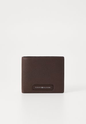 Brown leather bi-fold wallet with a textured finish. Features a logo plaque in black, showcasing a minimalist design.