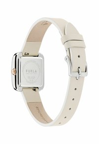 Montre pour femme carrée avec un boîtier en acier inoxydable argenté, un bracelet en cuir véritable blanc et une couronne rehaussée d'or rose. Design simple et élégant.