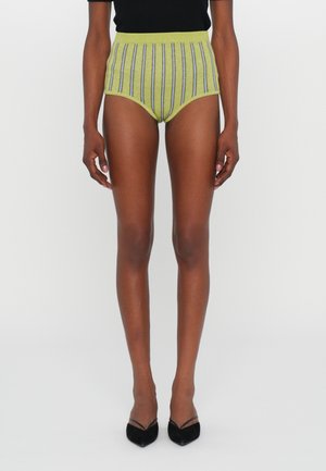 High-waisted, light green knit shorts with vertical black stripes. Features a ribbed waistband and a fitted design.