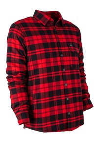 Camisa de cuadros rojo y negro hecha de franela, con botones en la parte delantera, cuello y un bolsillo en el pecho. Mangas largas con textura y dobladillo curvado.