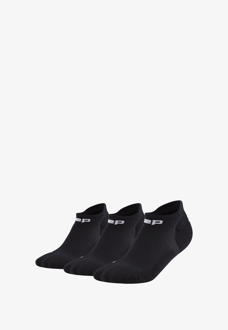 Schwarze, niedrig geschnittene Socken aus einem atmungsaktiven Stoff. Sie bieten eine enge Passform mit einer strukturierten Oberfläche und Logo-Detail am Bündchen.