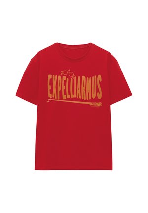 Red short-sleeve T-shirt with "EXPELLIARMUS" text in large orange letters, decorated with round glasses and a magic wand graphic below.