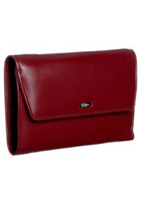 Red leather wallet with a fold-over flap and a small metallic brand plaque on the front center.