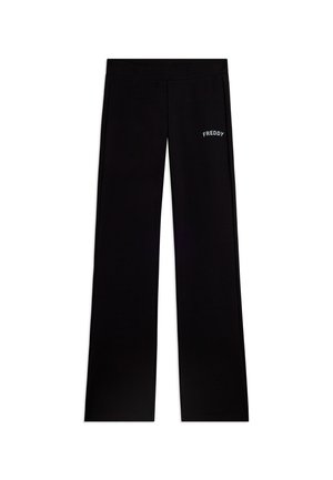 Pantalones negros de corte recto con cintura elástica y logo blanco "FREDDY" en la parte superior del muslo izquierdo.