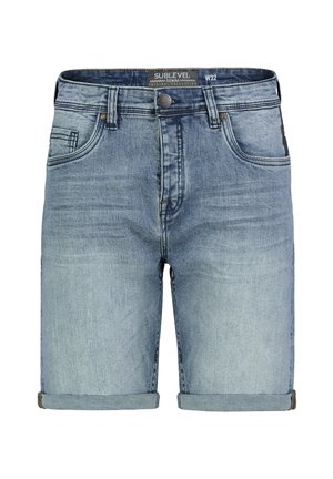 Denim shorts in light blue wash, featuring a classic five-pocket design, turned-up cuffs, and subtle stitching details.