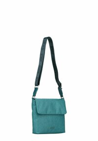 Teal messenger bag with a textured fabric, adjustable strap featuring a logo, magnetic flap closure, and a sleek rectangular shape.
