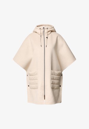 Kremowy ponczosz z kapturem i zamkiem z przodu, z dwiema ocieplanymi kieszeniami. Wykonany z miękkiego materiału o usztywnionym kształcie i z zatrzaskami.