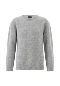 Hellgrauer, langärmliger Pullover aus Wollmischung mit Rundhalsausschnitt, gerippten Bündchen, Saum und Halsabschluss, auf einem weißen Hintergrund präsentiert.