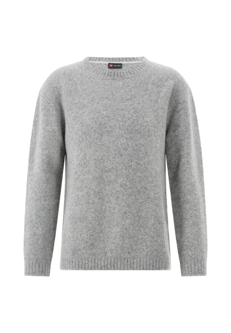 Hellgrauer, langärmliger Pullover aus Wollmischung mit Rundhalsausschnitt, gerippten Bündchen, Saum und Halsabschluss, auf einem weißen Hintergrund präsentiert.