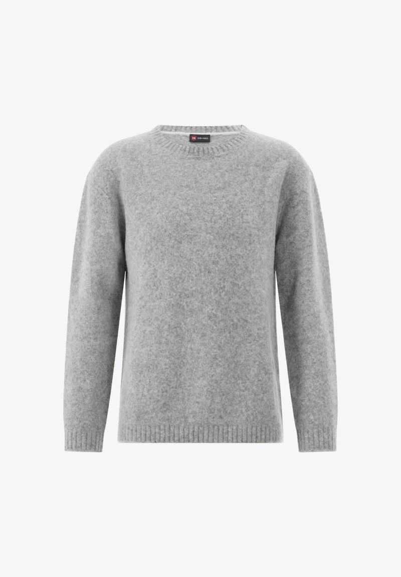 Hellgrauer, langärmliger Pullover aus Wollmischung mit Rundhalsausschnitt, gerippten Bündchen, Saum und Halsabschluss, auf einem weißen Hintergrund präsentiert.