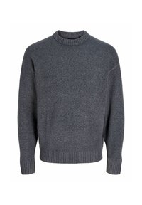 Grauer Pullover aus weichem Stoff, mit einem gerippten Rundhalsausschnitt und Bündchen, einfachem, klassischem Design und strukturierten Oberfläche.