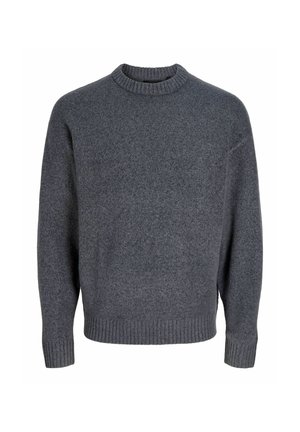 Grauer Pullover aus weichem Stoff, mit einem gerippten Rundhalsausschnitt und Bündchen, einfachem, klassischem Design und strukturierten Oberfläche.